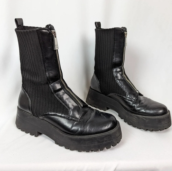 ZARA sz. 40/9 Flat Sock Ankle Boots Zipper Front Booties Combat Chunky Platform - Picture 7 of 15